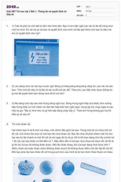 Giải SBT Tin học lớp 3 Bài 1. Thông tin và quyết định có đáp án