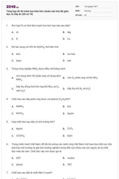 Tổng hợp đề thi minh họa Hóa Hoc chuẩn cấu trúc Bộ giáo dục có đáp án (đề số 16)