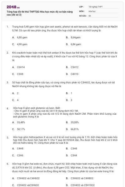 Tổng hợp đề thi thử THPTQG Hóa học mức độ cơ bản nâng cao (đề số 3)