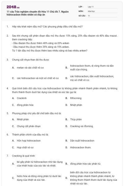 11 câu Trắc nghiệm chuyên đề Hóa 11 Chủ đề 7. Nguồn hidrocacbon thiên nhiên có đáp án
