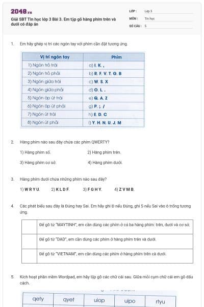 Giải SBT Tin học lớp 3 Bài 3. Em tập gõ hàng phím trên và dưới có đáp án
