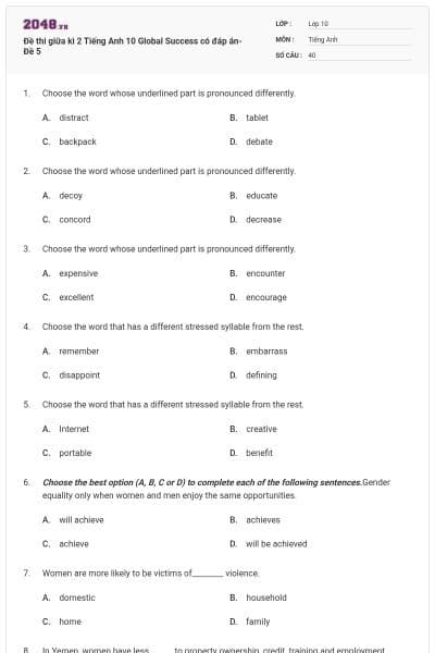 Đề thi giữa kì 2 Tiếng Anh 10 Global Success có đáp án- Đề 5