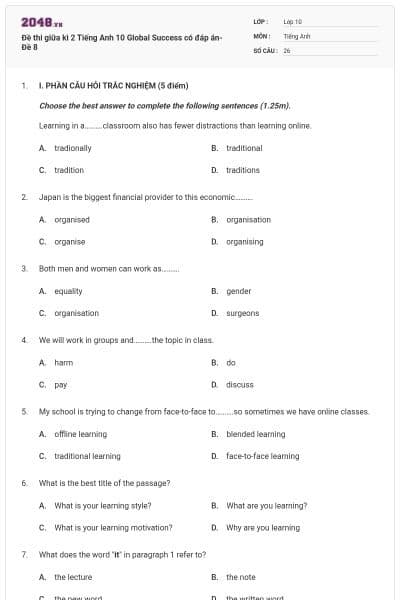 Đề thi giữa kì 2 Tiếng Anh 10 Global Success có đáp án- Đề 8