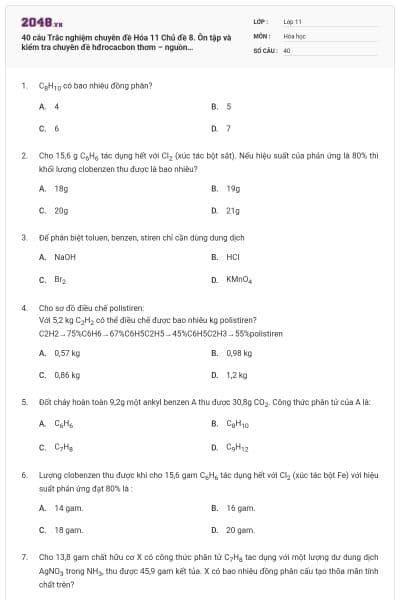40 câu Trắc nghiệm chuyên đề Hóa 11 Chủ đề 8. Ôn tập và kiểm tra chuyên đề hđrocacbon thơm – nguồn hiđrocacbon thiên nhiên có đáp án