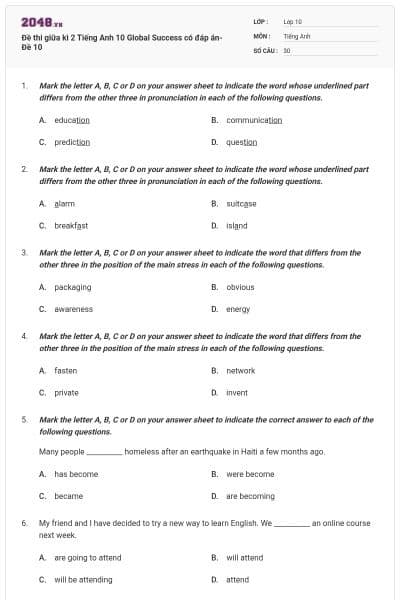 Đề thi giữa kì 2 Tiếng Anh 10 Global Success có đáp án- Đề 10
