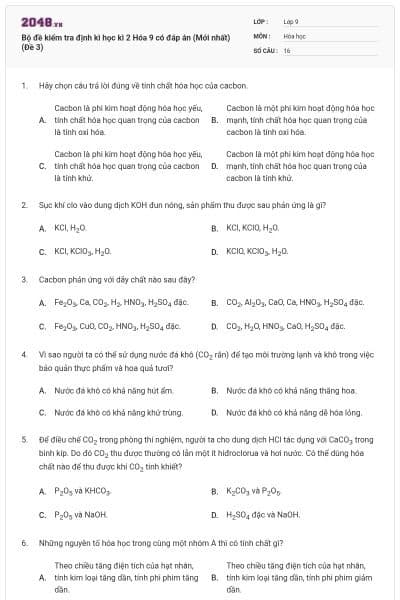 Bộ đề kiểm tra định kì học kì 2 Hóa 9 có đáp án (Mới nhất) (Đề 3)
