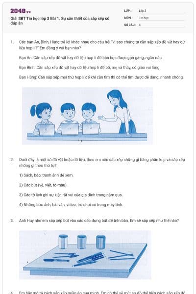 Giải SBT Tin học lớp 3 Bài 1. Sự cần thiết của sắp xếp có đáp án