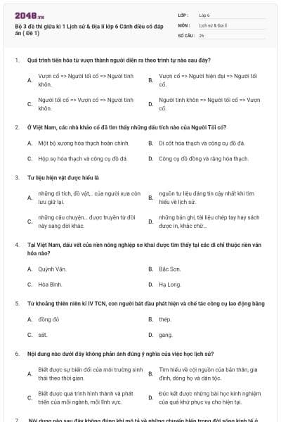 Bộ 3 đề thi giữa kì 1 Lịch sử & Địa lí lớp 6 Cánh diều có đáp án ( Đề 1)