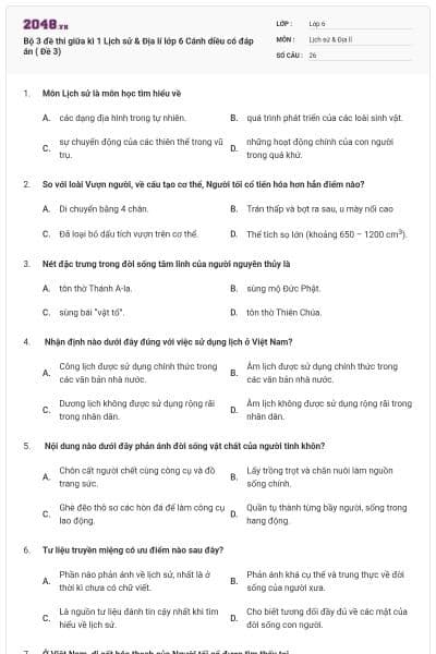 Bộ 3 đề thi giữa kì 1 Lịch sử & Địa lí lớp 6 Cánh diều có đáp án ( Đề 3)