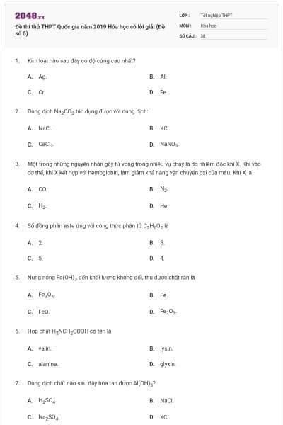 Đề thi thử THPT Quốc gia năm 2019 Hóa học có lời giải (Đề số 6)