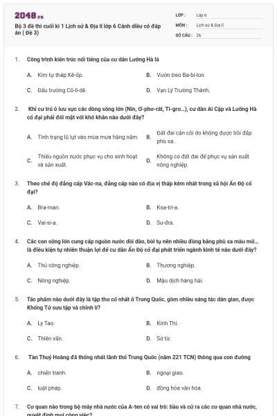 Bộ 3 đề thi cuối kì 1 Lịch sử & Địa lí lớp 6 Cánh diều có đáp án ( Đề 3)