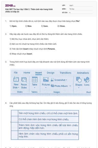 Giải SBT Tin học lớp 3 Bài 2. Thêm ảnh vào trang trình chiếu có đáp án