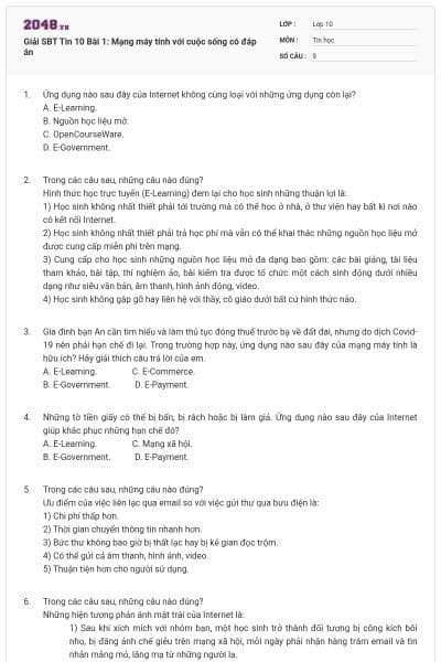 Giải SBT Tin 10 Bài 1: Mạng máy tính với cuộc sống có đáp án