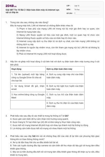 Giải SBT Tin 10 Bài 2: Điện toán đám mây và internet vạn vật có đáp án