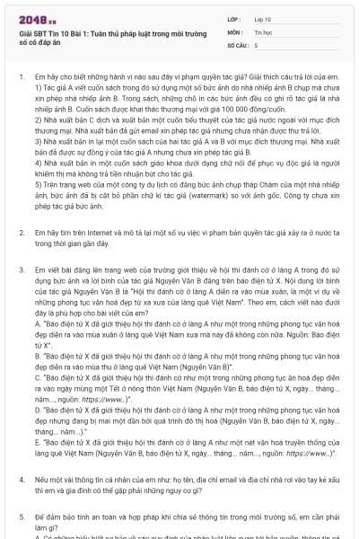 Giải SBT Tin 10 Bài 1: Tuân thủ pháp luật trong môi trường số có đáp án