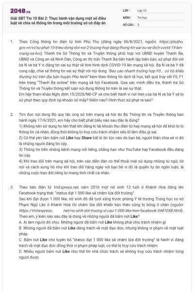 Giải SBT Tin 10 Bài 2: Thực hành vận dụng một số điều luật về chia sẻ thông tin trong môi trường số có đáp án