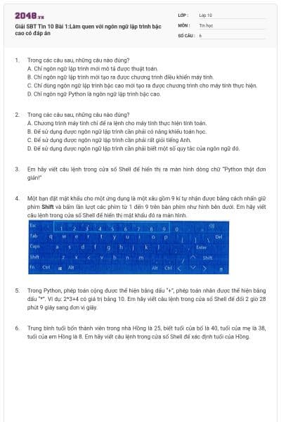 Giải SBT Tin 10 Bài 1:Làm quen với ngôn ngữ lập trình bậc cao có đáp án