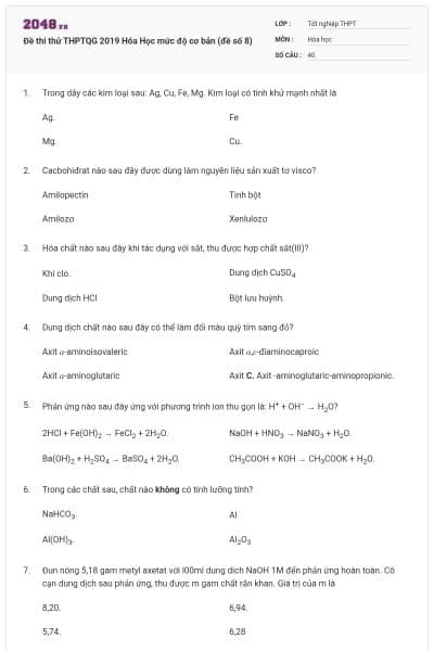 Đề thi thử THPTQG 2019 Hóa Học mức độ cơ bản (đề số 8)