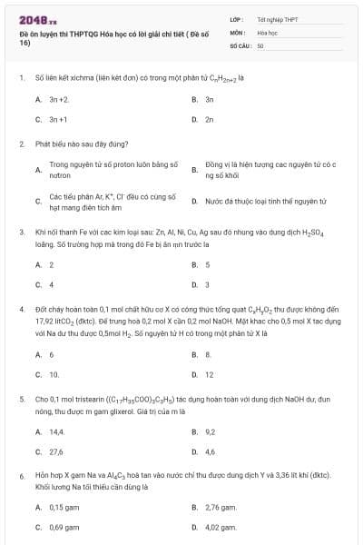 Đề ôn luyện thi THPTQG Hóa học có lời giải chi tiết ( Đề số 16)