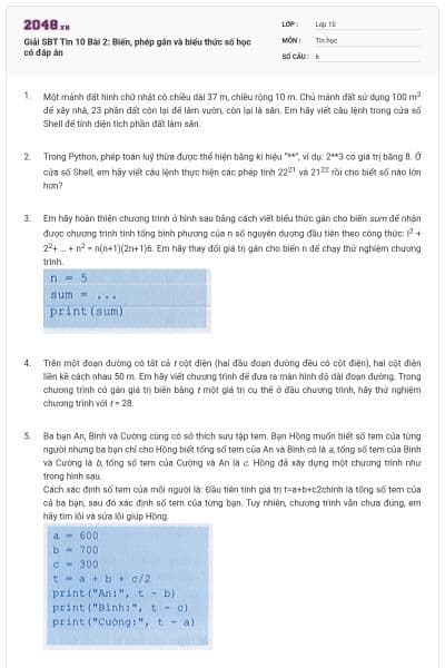 Giải SBT Tin 10 Bài 2: Biến, phép gán và biểu thức số học có đáp án
