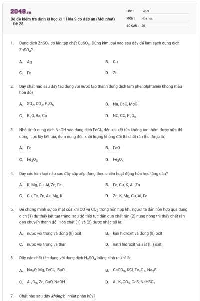 Bộ đề kiểm tra định kì học kì 1 Hóa 9 có đáp án (Mới nhất) - Đề 28