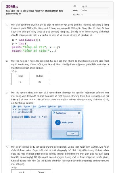 Giải SBT Tin 10 Bài 5: Thực hành viết chương trình đơn giản có đáp án