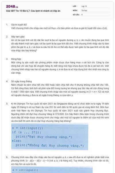 Giải SBT Tin 10 Bài 6,7: Câu lệnh rẽ nhánh có đáp án