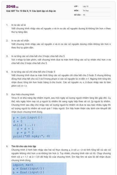 Giải SBT Tin 10 Bài 8, 9: Câu lệnh lặp có đáp án