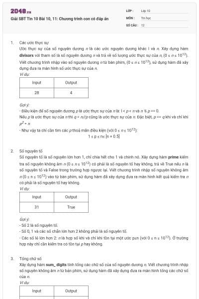 Giải SBT Tin 10 Bài 10, 11: Chương trình con có đáp án