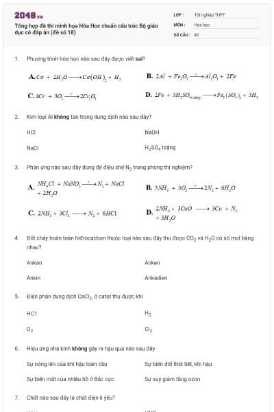 Tổng hợp đề thi minh họa Hóa Hoc chuẩn cấu trúc Bộ giáo dục có đáp án (đề số 18)