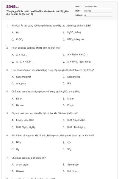 Tổng hợp đề thi minh họa Hóa Hoc chuẩn cấu trúc Bộ giáo dục có đáp án (đề số 17)