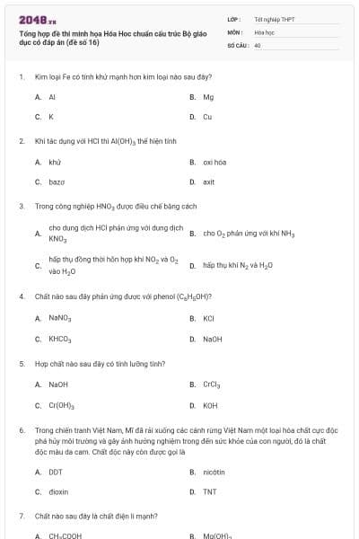 Tổng hợp đề thi minh họa Hóa Hoc chuẩn cấu trúc Bộ giáo dục có đáp án (đề số 16)