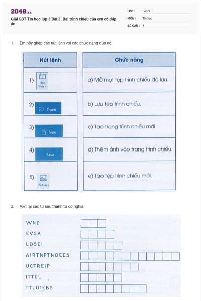 Giải SBT Tin học lớp 3 Bài 3. Bài trình chiếu của em có đáp án