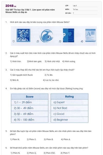 Giải SBT Tin học lớp 3 Bài 1. Làm quen với phần mềm Mouse Skills có đáp án