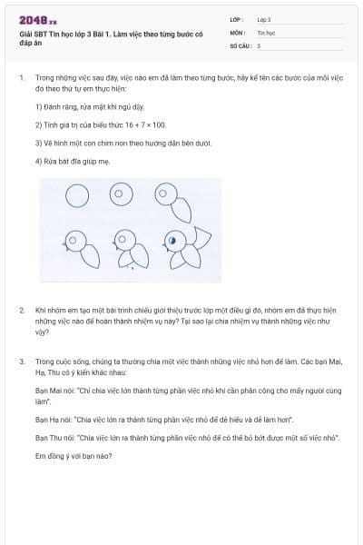 Giải SBT Tin học lớp 3 Bài 1. Làm việc theo từng bước có đáp án