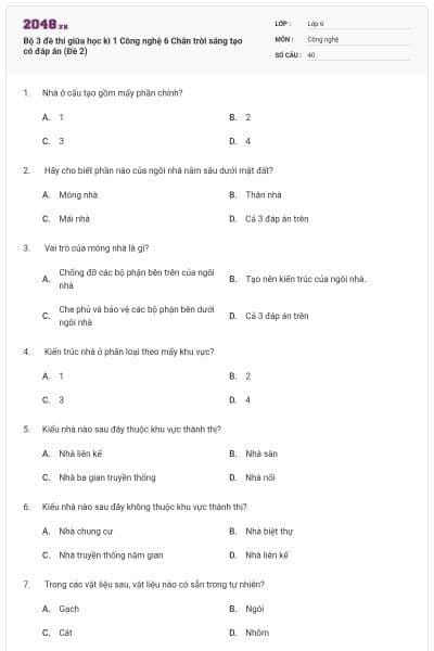 Bộ 3 đề thi giữa học kì 1 Công nghệ 6 Chân trời sáng tạo có đáp án (Đề 2)