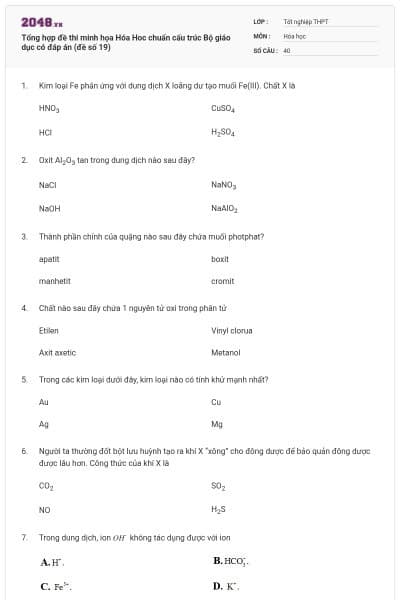 Tổng hợp đề thi minh họa Hóa Hoc chuẩn cấu trúc Bộ giáo dục có đáp án (đề số 19)