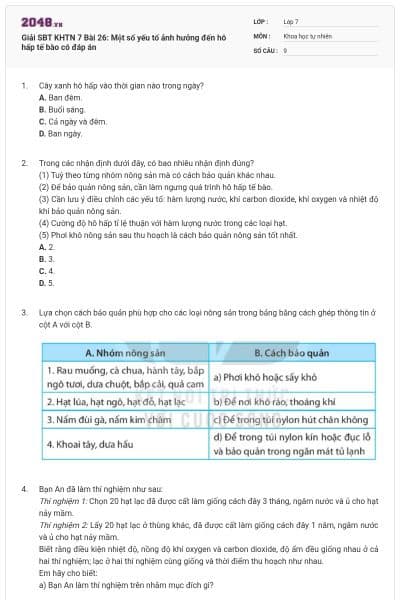 Giải SBT KHTN 7 Bài 26: Một số yếu tố ảnh hưởng đến hô hấp tế bào có đáp án