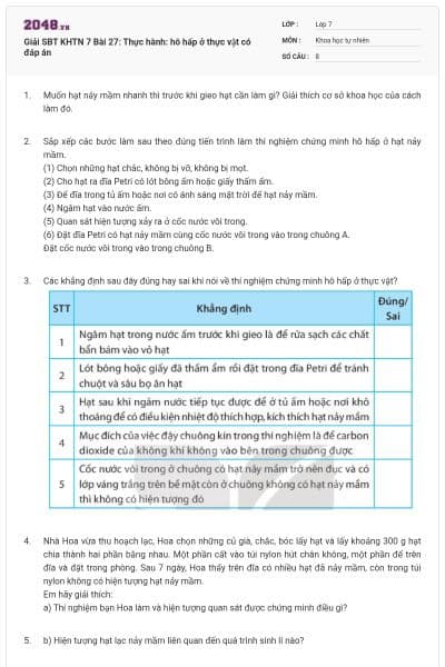 Giải SBT KHTN 7 Bài 27: Thực hành: hô hấp ở thực vật có đáp án