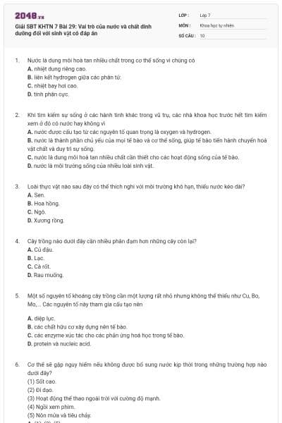 Giải SBT KHTN 7 Bài 29: Vai trò của nước và chất dinh dưỡng đối với sinh vật có đáp án