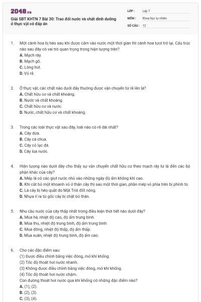 Giải SBT KHTN 7 Bài 30: Trao đổi nước và chất dinh dưỡng ở thực vật có đáp án