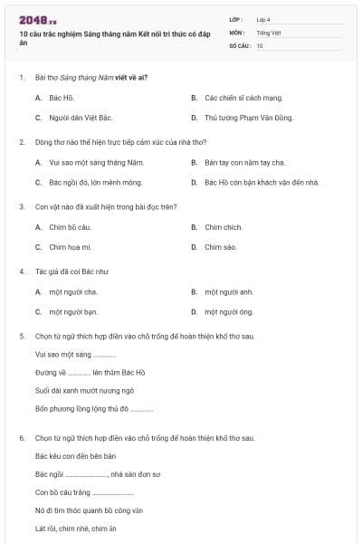 10 câu trắc nghiệm Sáng tháng năm Kết nối tri thức có đáp án