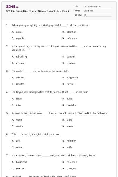 500 Câu trắc nghiệm từ vựng Tiếng Anh có đáp án - Phần 5