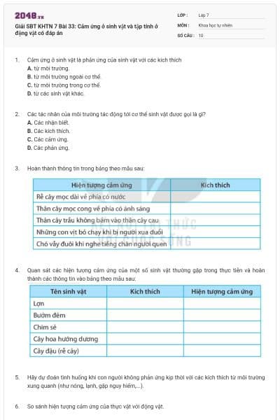 Giải SBT KHTN 7 Bài 33: Cảm ứng ở sinh vật và tập tính ở động vật có đáp án