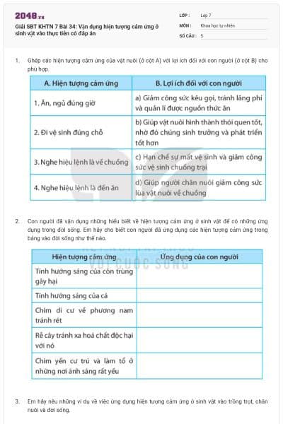 Giải SBT KHTN 7 Bài 34: Vận dụng hiện tượng cảm ứng ở sinh vật vào thực tiễn có đáp án