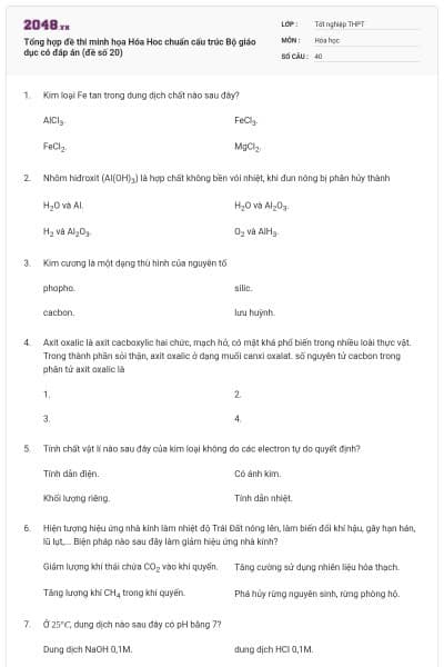 Tổng hợp đề thi minh họa Hóa Hoc chuẩn cấu trúc Bộ giáo dục có đáp án (đề số 20)