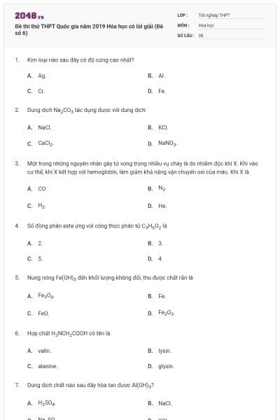 Đề thi thử THPT Quốc gia năm 2019 Hóa học có lời giải (Đề số 6)
