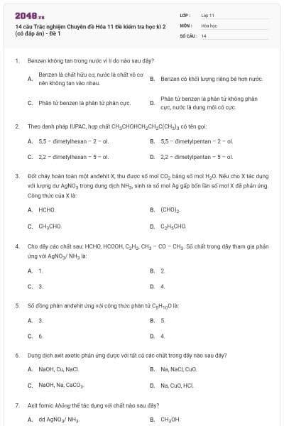 14 câu Trắc nghiệm Chuyên đề Hóa 11 Đề kiểm tra học kì 2 (có đáp án) - Đề 1