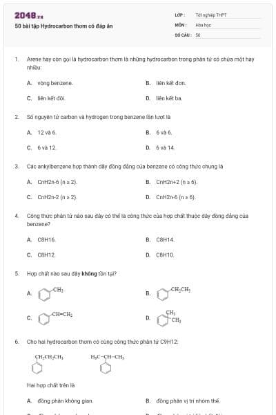 50 bài tập Hydrocarbon thơm có đáp án