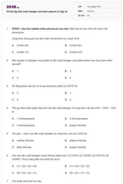50 bài tập Dẫn xuất halogen-alccohol-phenol có đáp án